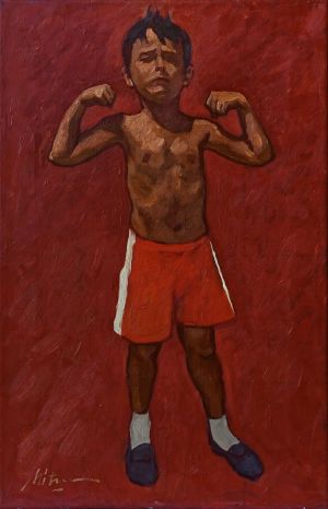Painting, Figurative painting - Wrestler in red shorts