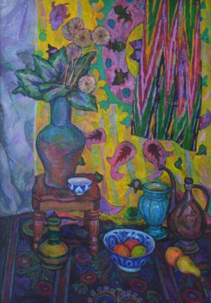 Painting, Still life - Still life on a yellow carpet background