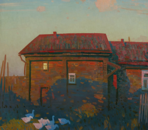 Painting, Landscape - The last ray. House, geese.