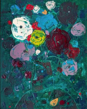 Painting, Still life -  Violets on a moonlit night