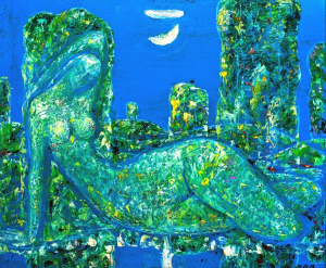 Painting, Expressionism - Morning by the river. Mermaid